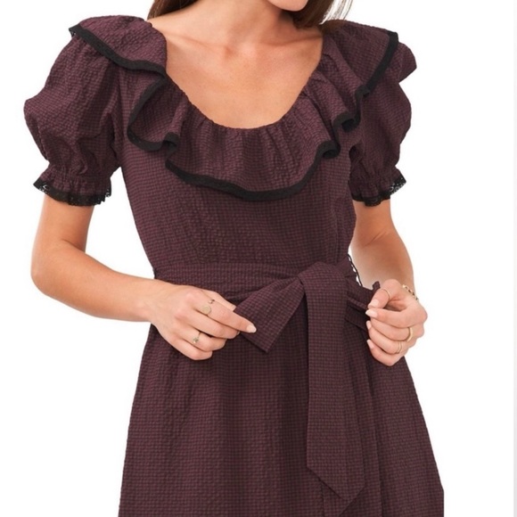 Chelsea and Violet Ruffle Scoop Neck  Short Puff Sleeve Check Print Midi… - Picture 4 of 5